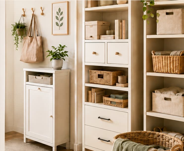 Bright, organized small-space storage with natural wood and woven baskets
